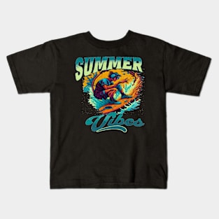 Summer Vibes, Hello Summer Vintage Funny Surfer Riding Surf Surfing Lover Gifts Kids T-Shirt